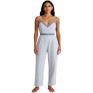 Japna Blue White Pin Striped Embroidered Empire Waist Wide Leg Jumpsuit Size Med